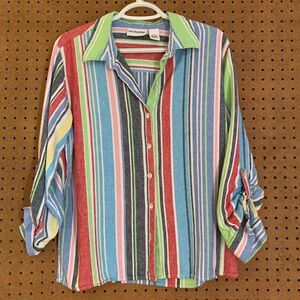 Breckenridge Multicolor Striped Button Down Linen Shirt Large Convertible Sleeve